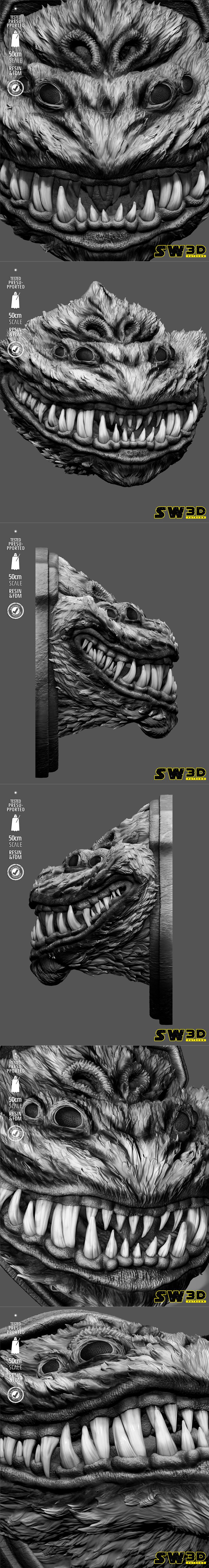 SW3D Nexu wall bust 3D model, featuring a monstrous creature with a wide, toothy grin and textured fur, mounted on a...