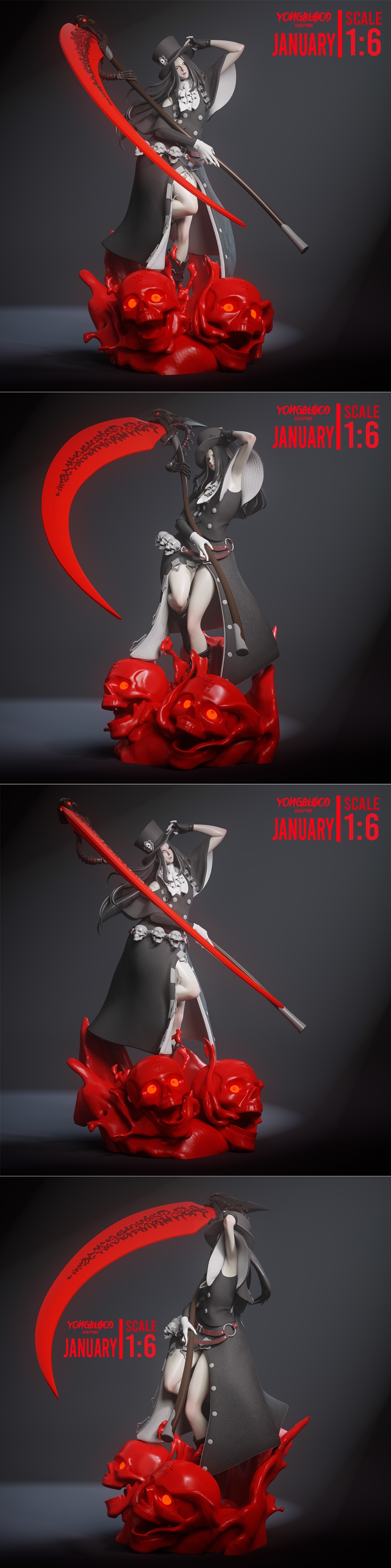 1:6 scale 3D print model of Testament from Guilty Gear, holding a glowing red scythe, wearing a top hat and gothic at...