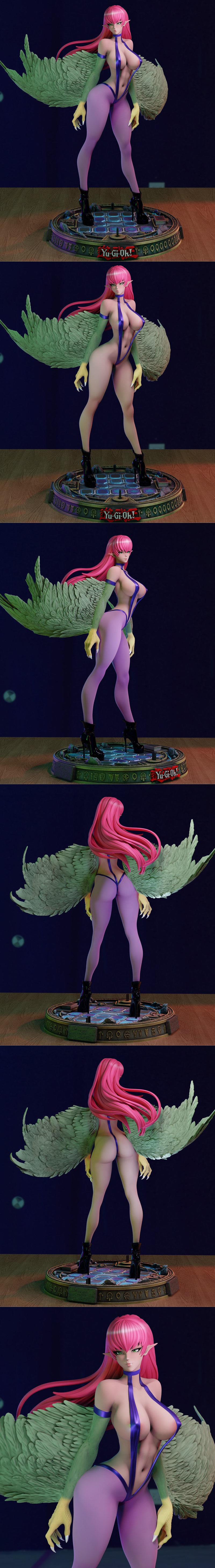 Momoji 3D model of a pink-haired Harpy from Yu-Gi-Oh! wearing a revealing purple and blue leotard, with large green w...