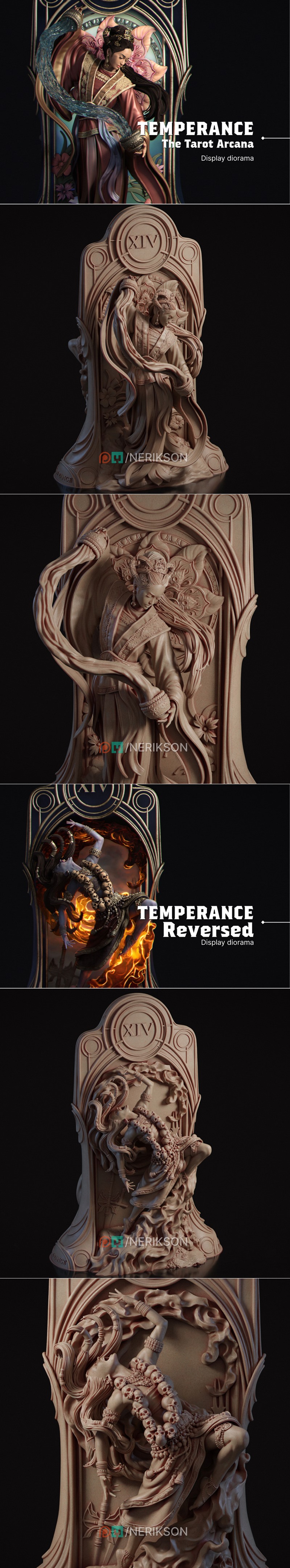 Blue-skinned female figure with horns and a skull necklace, dancing amidst flames. Detailed gothic and demonic aesthe...