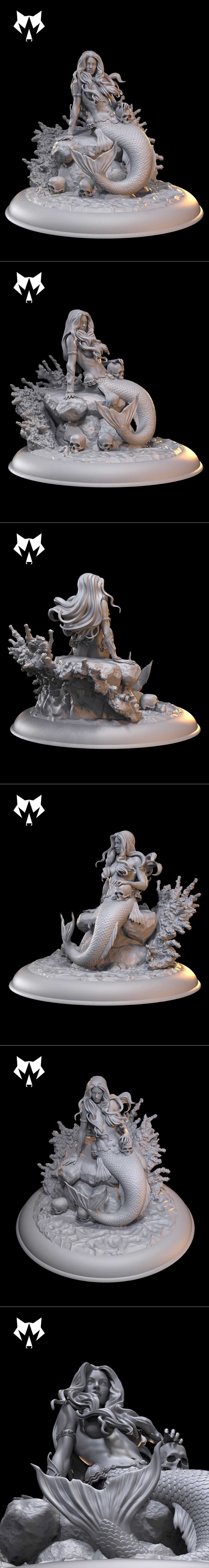 Detailed 3D model of a mermaid figure with flowing hair and intricate tail scales, posed on rocks with skulls. Bad Wo...