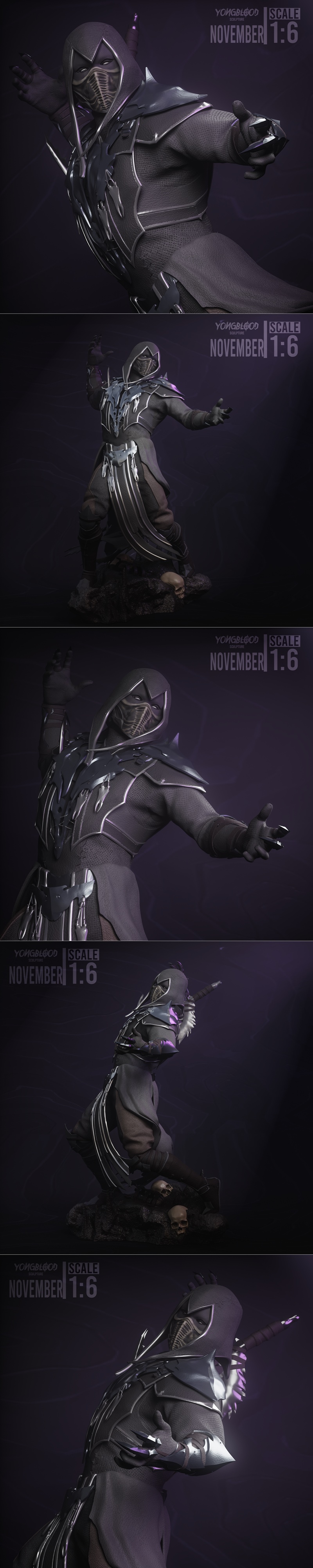 1:6 scale 3D model of Noob Saibot from Mortal Kombat, posed dynamically in dark ninja attire with a mask and hood, st...