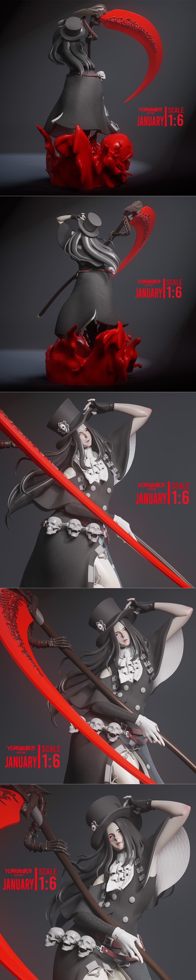 1:6 scale 3D print model of Testament from Guilty Gear, holding a glowing red scythe, wearing a top hat and gothic at...