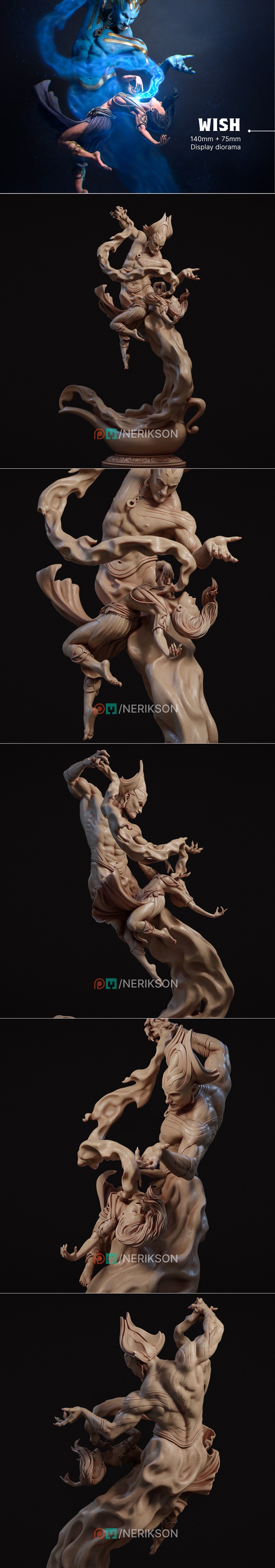 Blue-skinned female figure with horns and a skull necklace, dancing amidst flames. Detailed gothic and demonic aesthe...