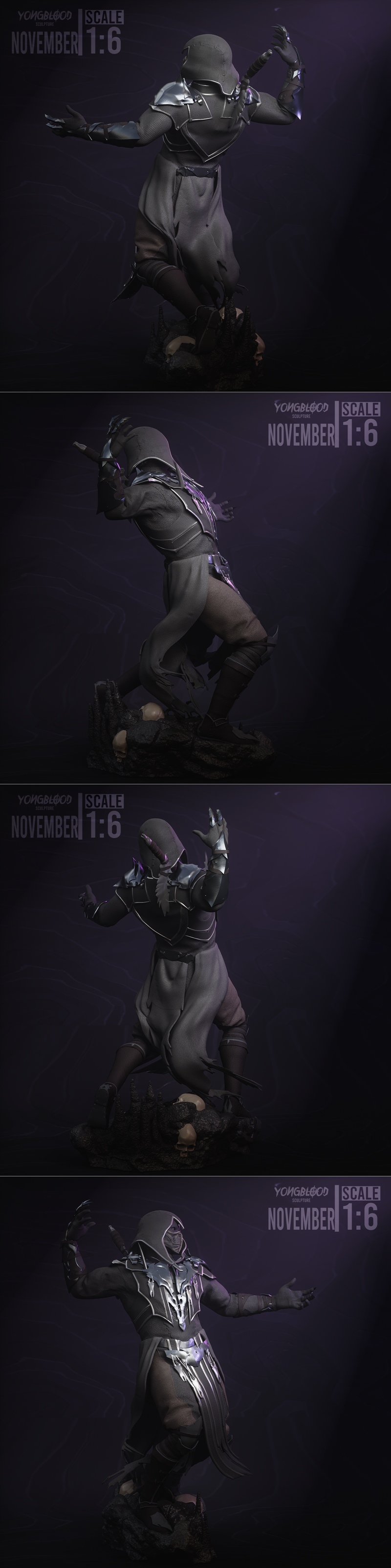 1:6 scale 3D model of Noob Saibot from Mortal Kombat, posed dynamically in dark ninja attire with a mask and hood, st...