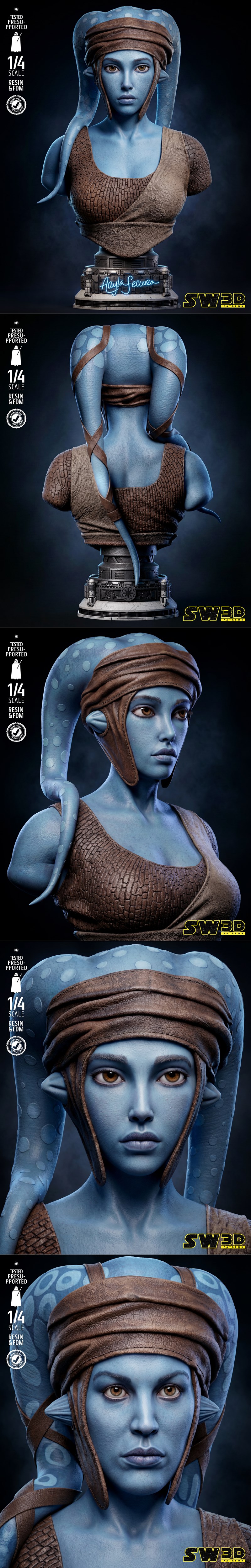 1/4 scale bust of Aayla Secura, a blue-skinned Twi'lek Jedi, wearing a leather headband and textured tunic. Her name...