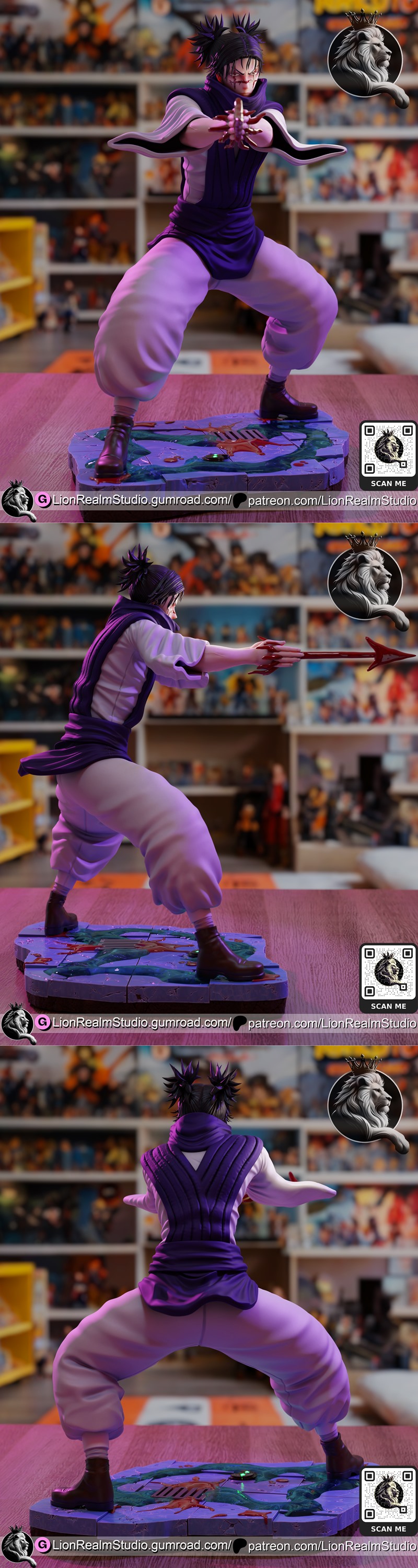 Choso from Jujutsu Kaisen in a low, wide combat stance, holding a red bladed weapon. He wears a purple and white outf...