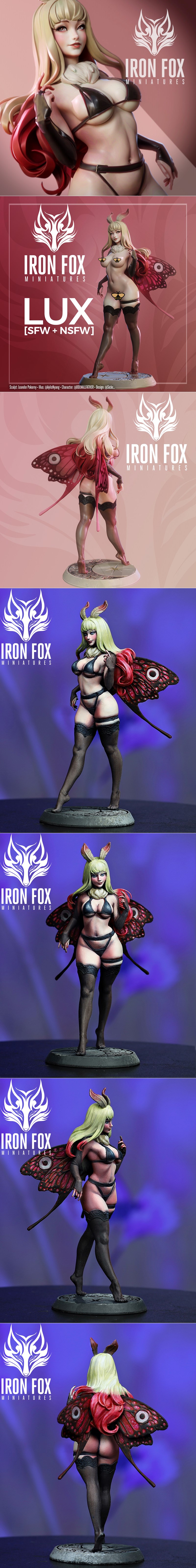 Full body 3D model of Lux, a blonde woman with moth wings, wearing black lingerie and thigh-high stockings, striking...