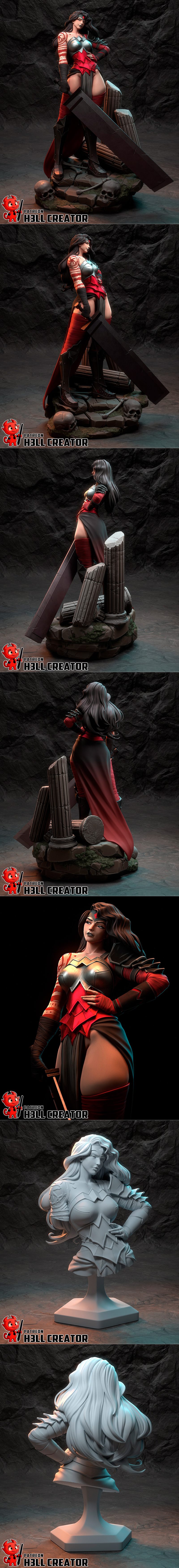 Wonder Woman figure in red and silver armor, holding a large sword, with tribal markings on her arm, posed heroically...