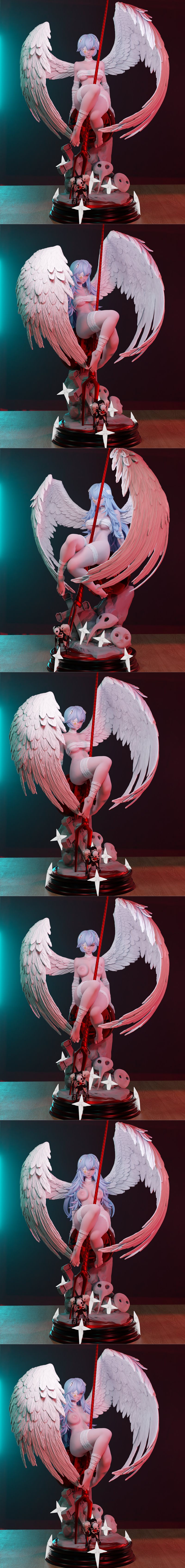 Rei Ayanami figure with large white wings, wrapped in bandages, holding a red spear, seated on a base with Eva unit a...