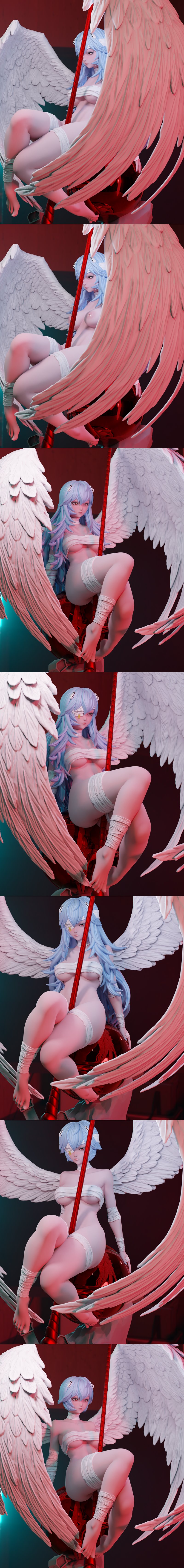 Rei Ayanami figure with large white wings, wrapped in bandages, holding a red spear, seated on a base with Eva unit a...
