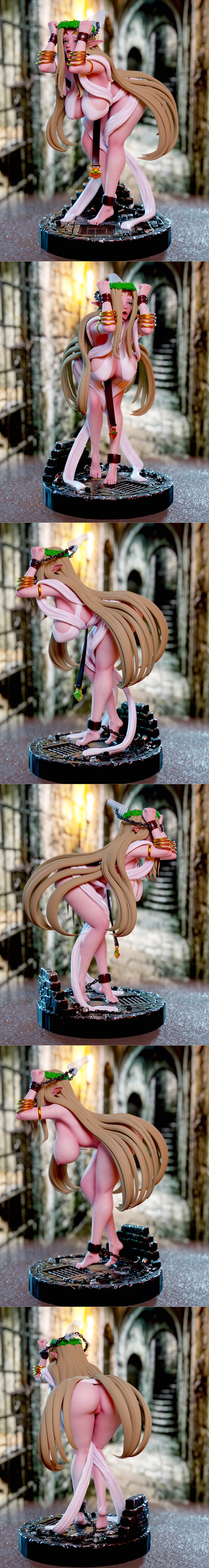 Fantasy elf figure 'Elfa lacross' by Momoji, wearing a white draped outfit and golden bracelets, with hands raised an...
