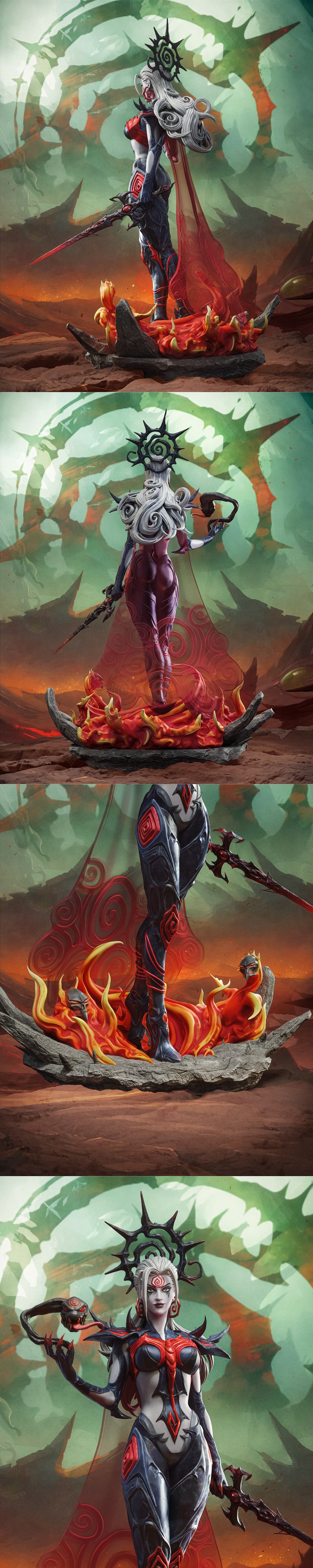 Hela figure in black and red armor, holding a serpent scepter and sword, standing on a fiery base. Dark fantasy aesth...
