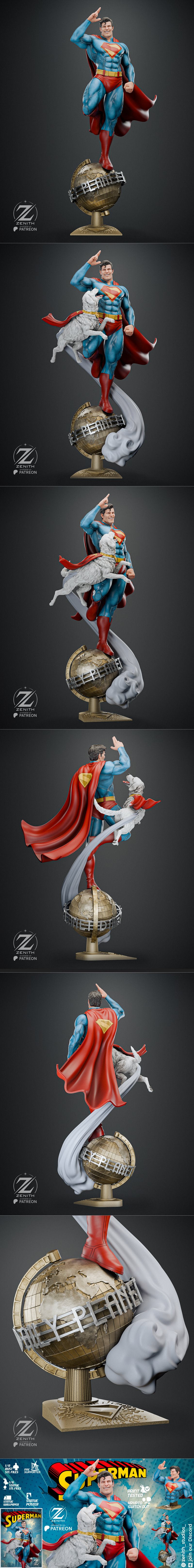 Superman striking a heroic pose with Krypto the Superdog at his side, both wearing capes. Superman wears his iconic b...