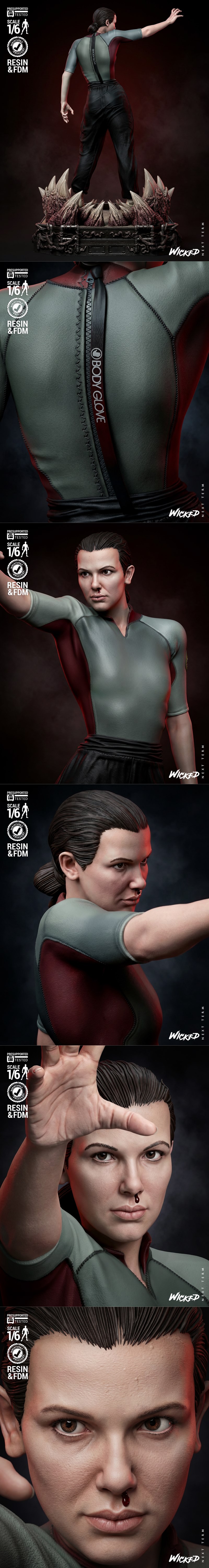 1:6 scale 3D model figure of Eleven from Stranger Things, standing heroically on a base with Upside Down elements. Sh...