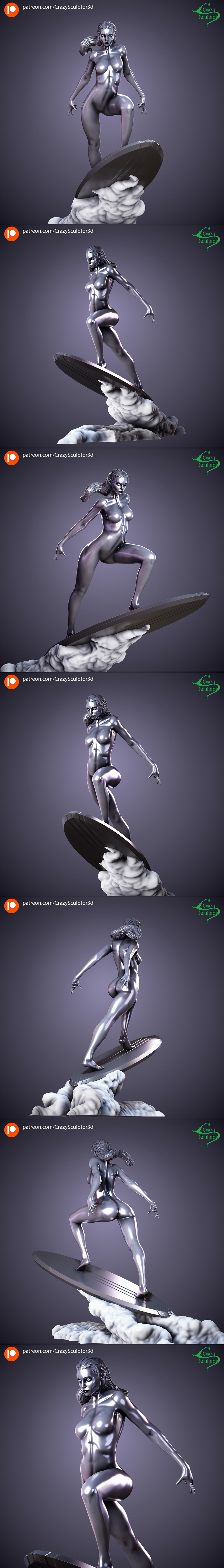 Female Silver Surfer 3D model by Crazy Sculptor, depicted in a dynamic, heroic pose with a metallic sheen and intense...