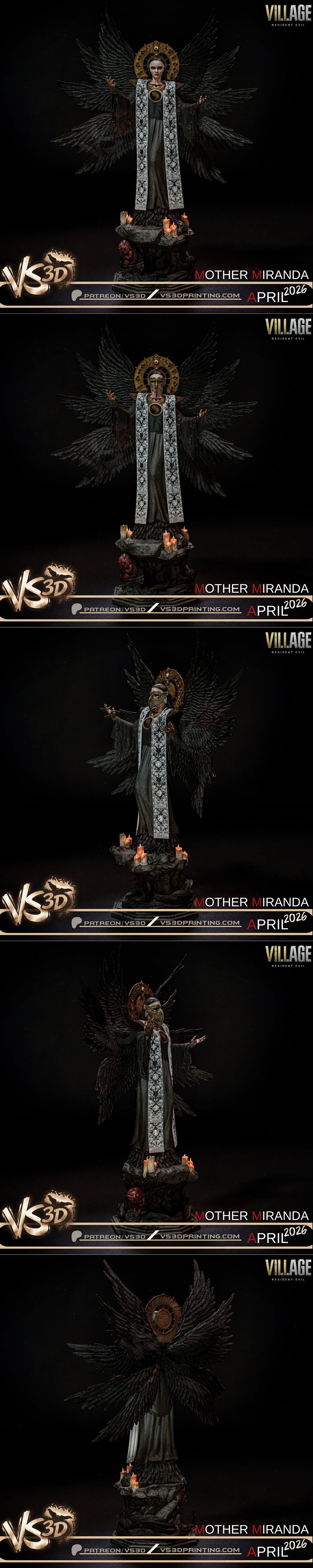 VS3D Mother Miranda 3D model figure with large black wings, golden halo, and ornate robe, standing on a rocky base wi...