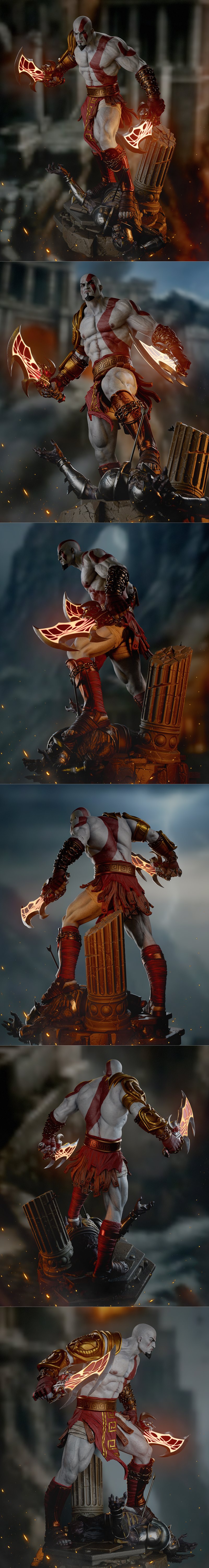 Kratos figure from God of War, standing over a defeated armored enemy, holding glowing Blades of Chaos. Muscular male...