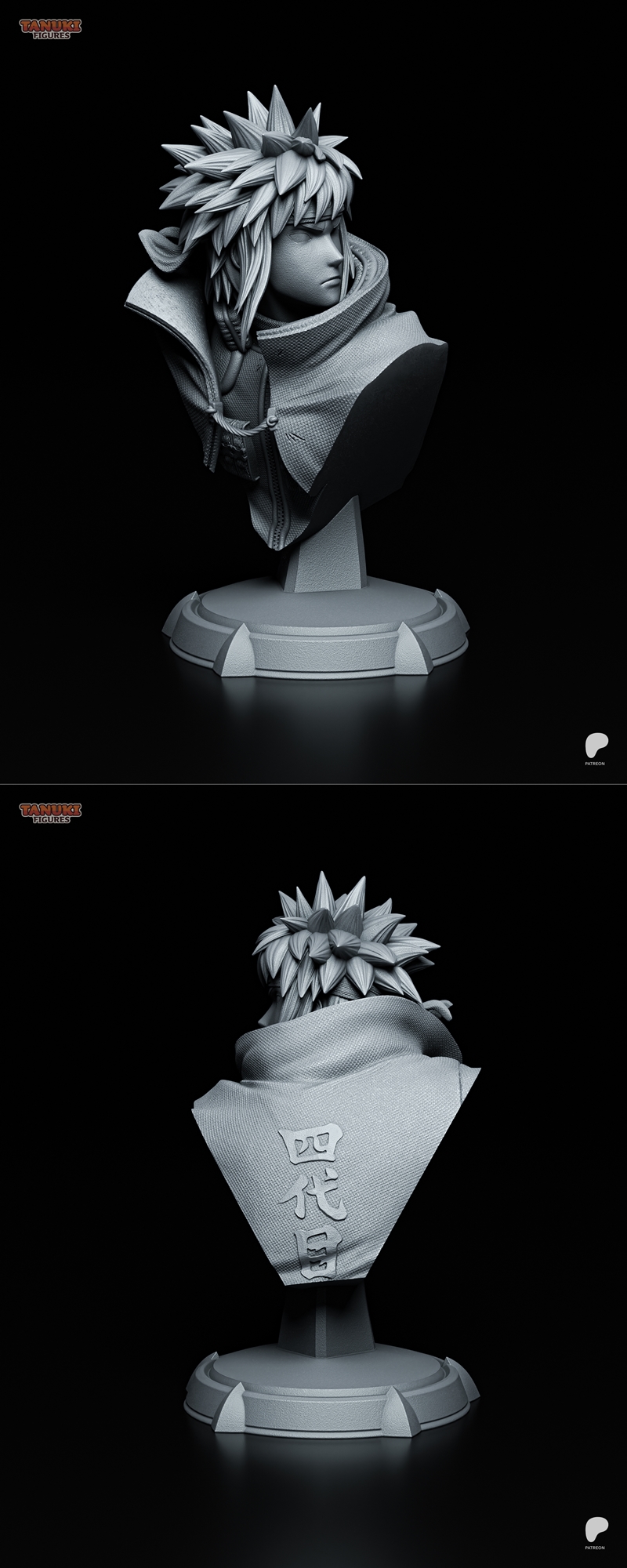 3D printable bust of Minato Namikaze from Naruto, featuring spiky blonde hair, a determined expression, and a hooded...