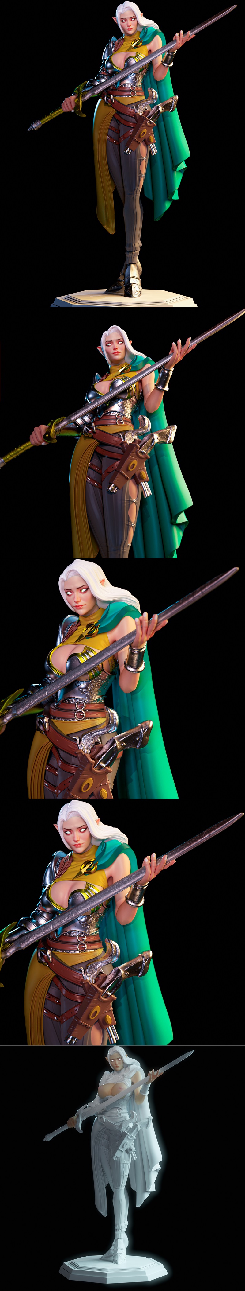 Visceral Studios Elf Girl 3D model figure with white hair, pointed ears, revealing armor, cape, and sword.
