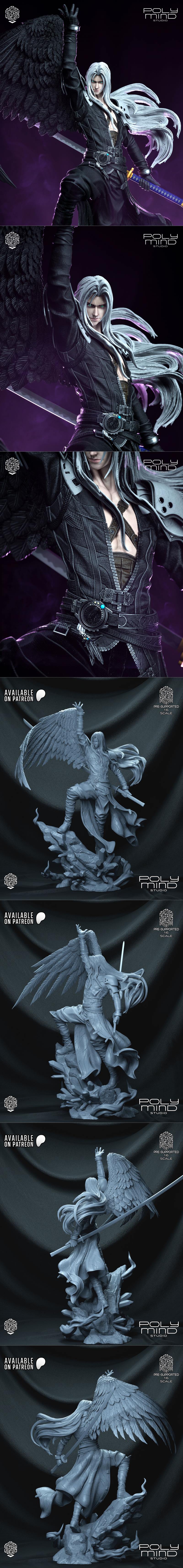 Sephiroth figure with a black wing, holding a sword, standing on a crystal-covered rock formation. PolyMind Studio lo...