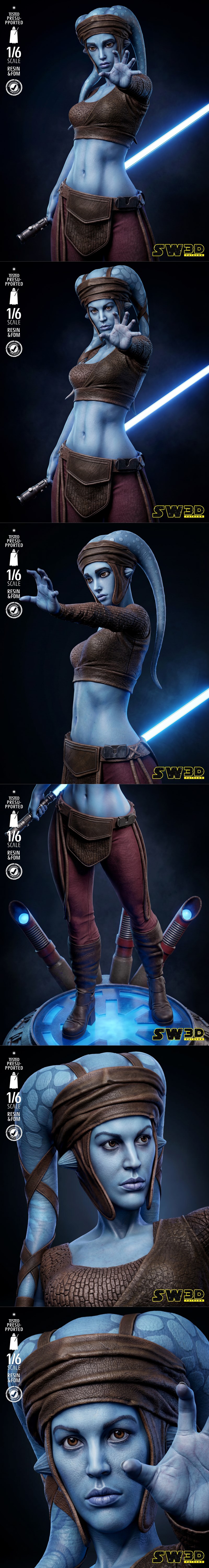 Aayla Secura, a blue-skinned Twi'lek Jedi, stands in a dynamic pose with a blue lightsaber ignited. She wears a brown...