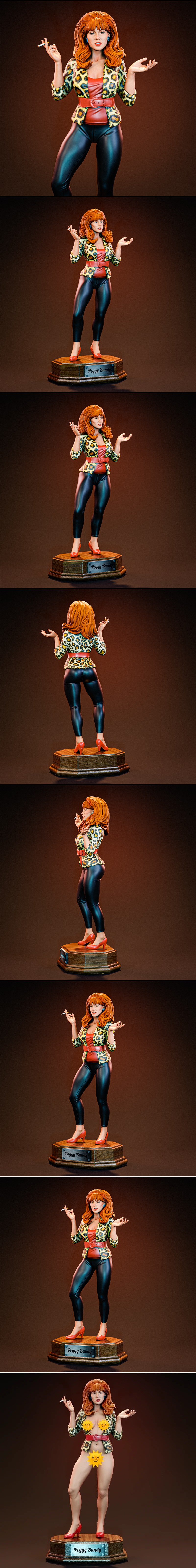 Peggy Bundy figure by BrunoArt3D, wearing a leopard print jacket, red top, black leggings, and red heels, holding a c...