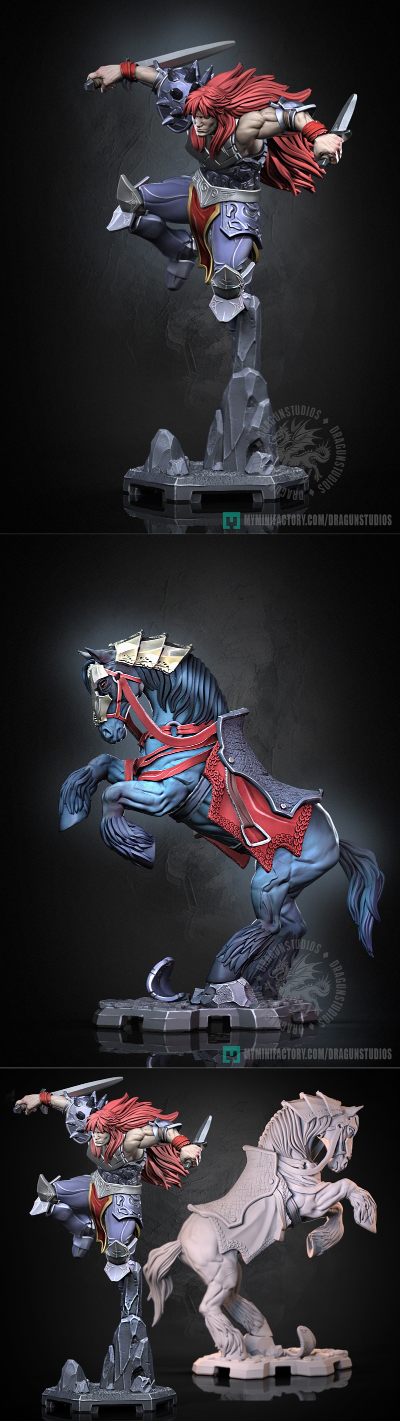 3D model of a fantasy warrior with red hair and armor, leaping with a sword and shield, next to a blue horse. By Drag...