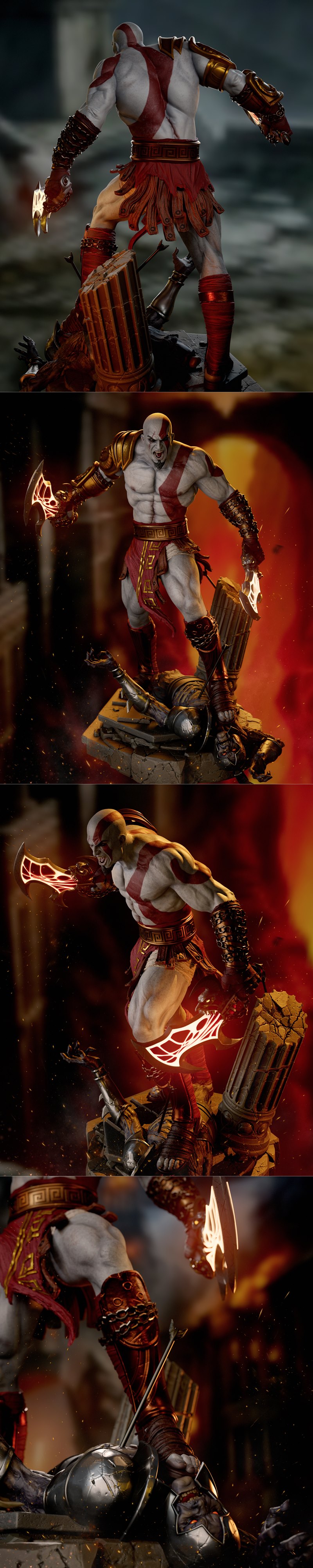 Kratos figure from God of War, standing over a defeated armored enemy, holding glowing Blades of Chaos. Muscular male...