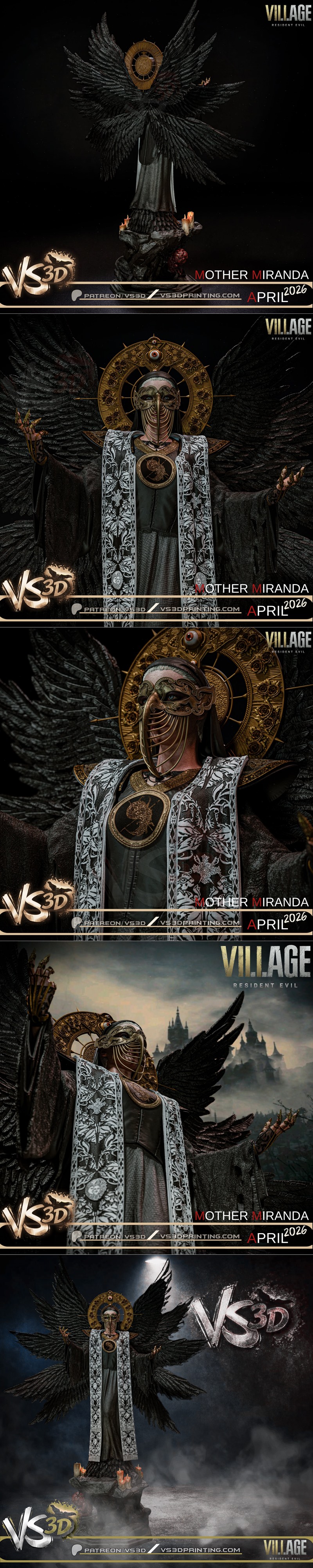 VS3D Mother Miranda 3D model figure with large black wings, golden halo, and ornate robe, standing on a rocky base wi...