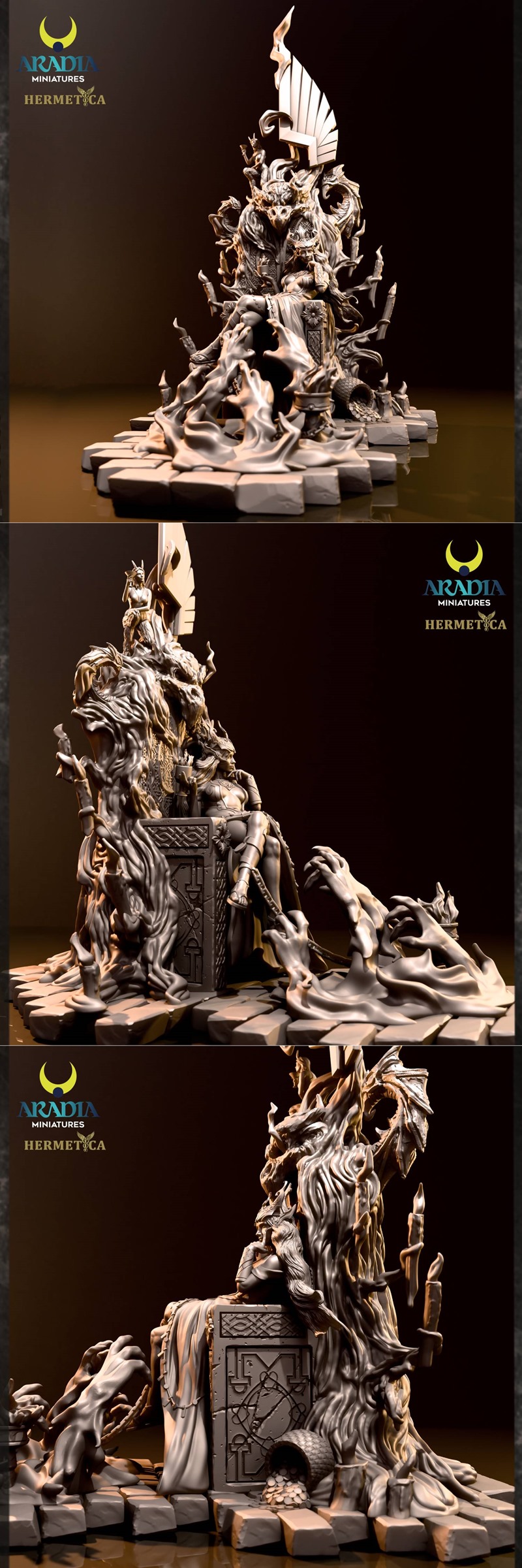 Malkhut figure seated on a gothic throne, holding a chalice, surrounded by hands and candles. Aradia Webstore model.
