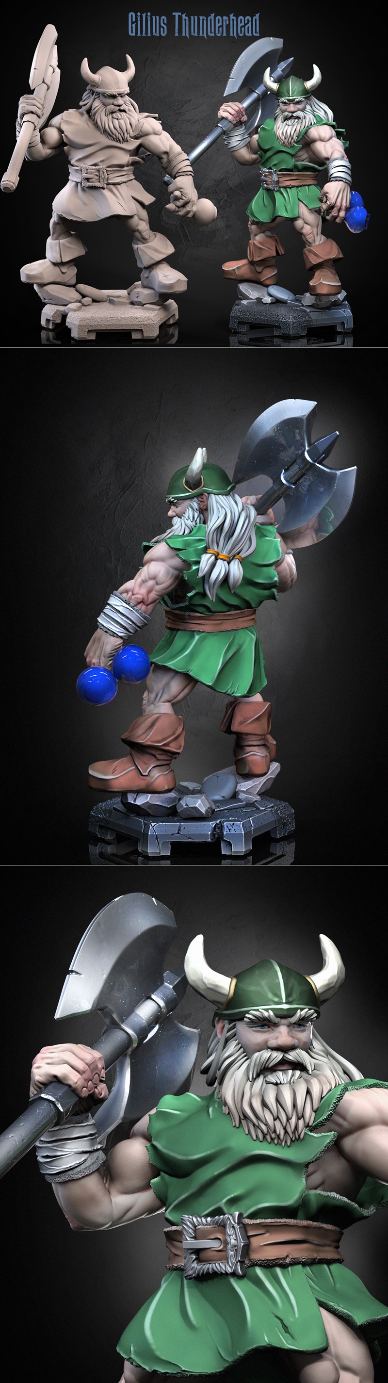 Gilius Thunderhead 3D model from Dragun Studios, a dwarf warrior with a white beard, green tunic, brown boots, and ho...