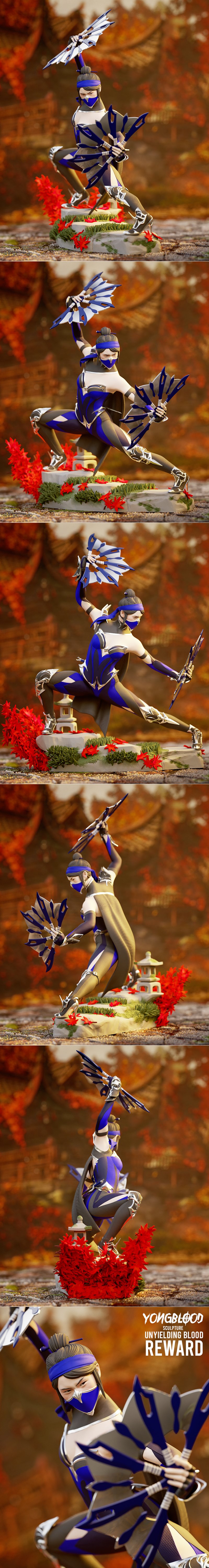 Kitana from Mortal Kombat 11 in a dynamic combat pose, holding two bladed fans. She wears a blue and black outfit wit...