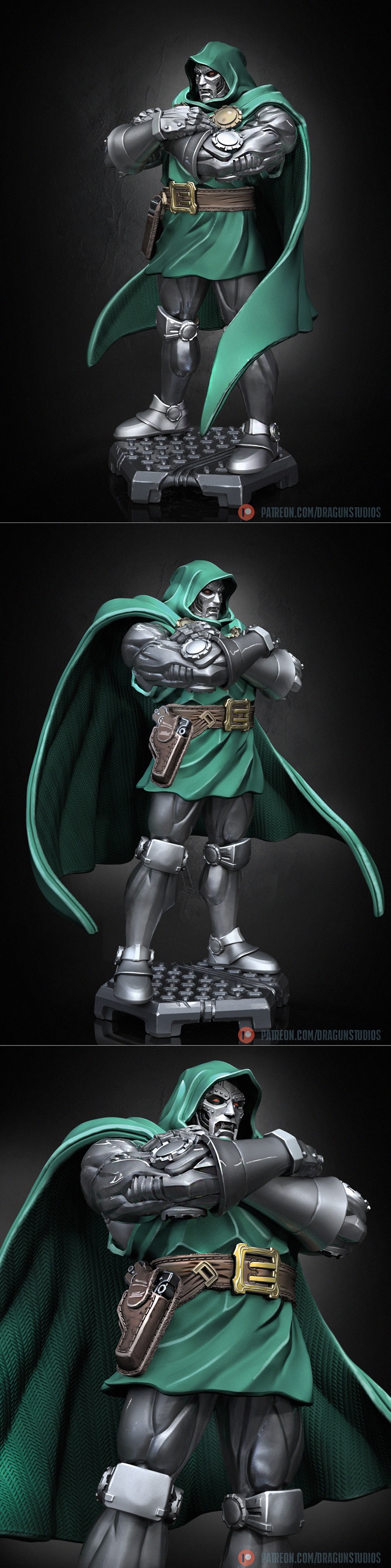 3D model of Doctor Doom by Dragun Studios, shown in two versions: one unpainted sculpt and one painted with a green c...