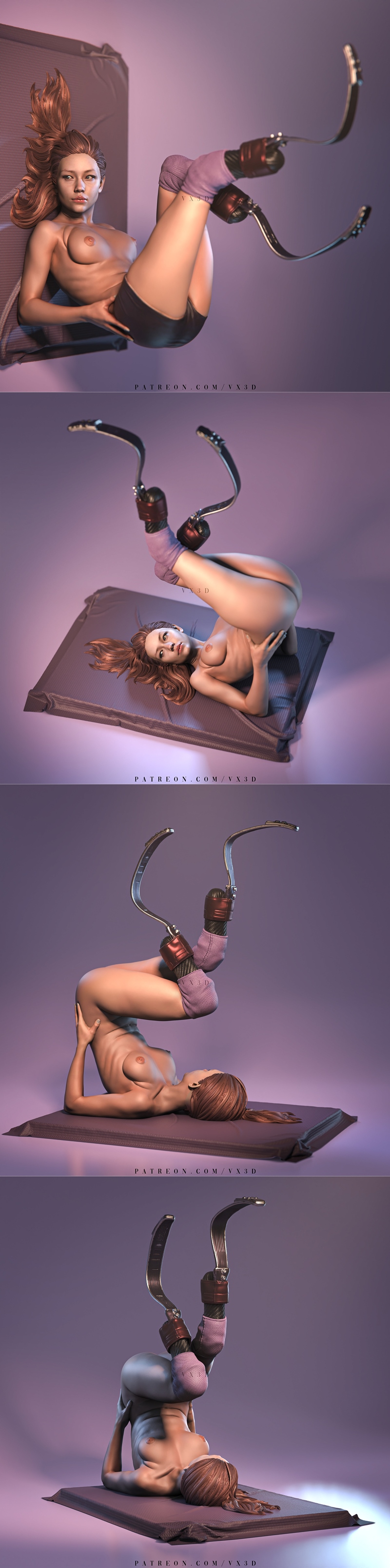 Female figure with prosthetic legs in a yoga pose, lying on a mat. Realistic rendering with detailed anatomy and mech...