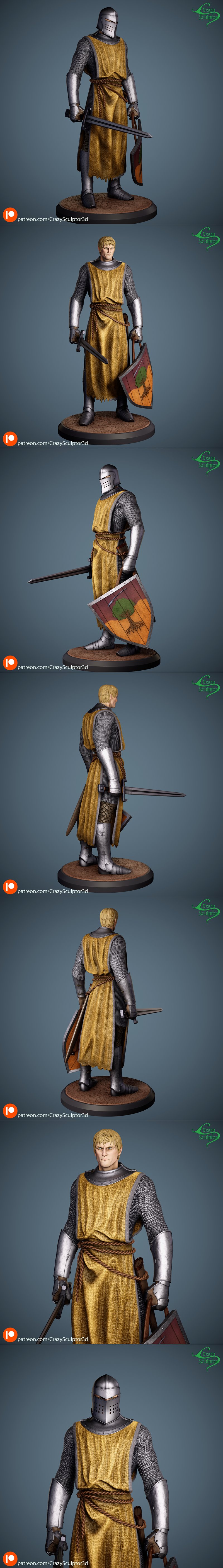 3D model of Duncan the Tall, a medieval knight in chainmail and a golden tabard, holding a shield with a tree emblem...