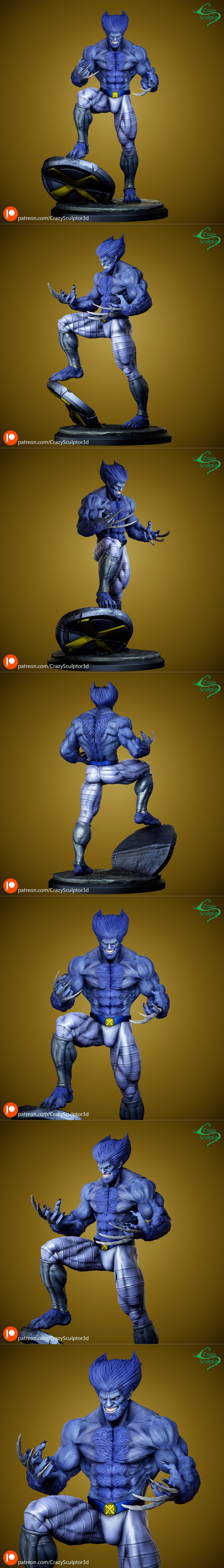 Blue furred mutant character Beast from X-Men, crouching heroically on a base with an X-Men emblem, sharp claws exten...