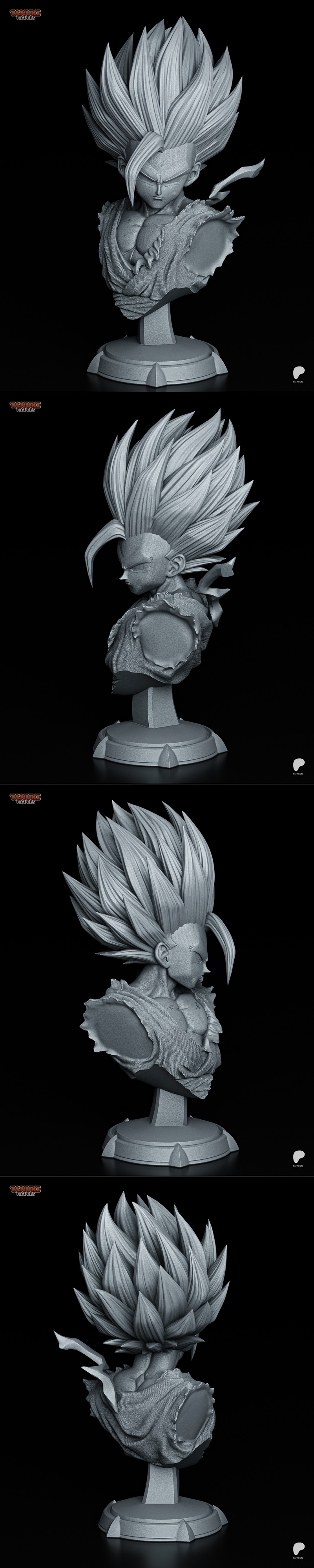 Gohan SSJ2 bust 3D model by Tanuki Figures, featuring spiky hair and torn clothing, presented on a detailed base.