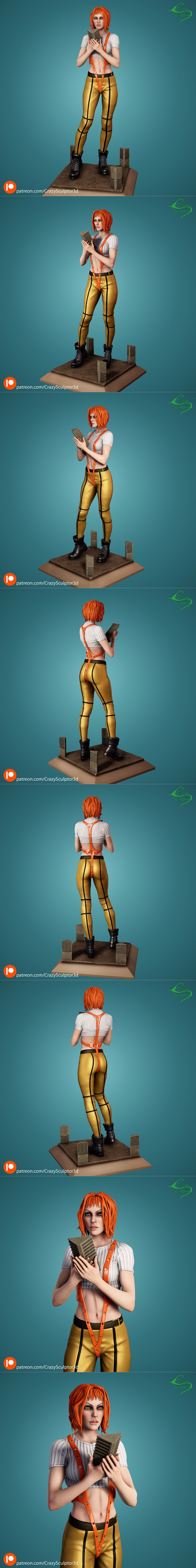 3D model figure of Leeloo from The Fifth Element, wearing gold pants, white crop top, and orange suspenders, holding...