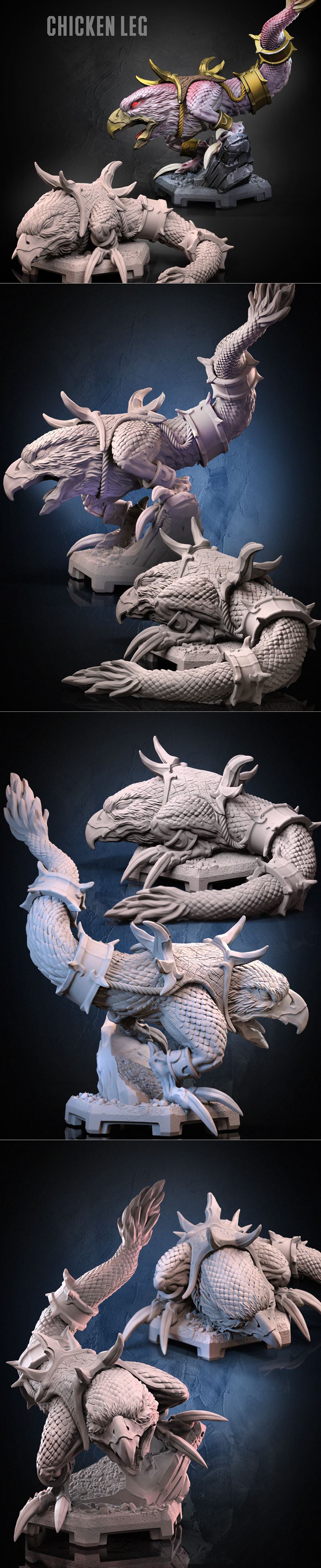 Two 3D printed figures of a fantasy creature with pink scales, golden armor, and sharp talons, posed on rocky bases....