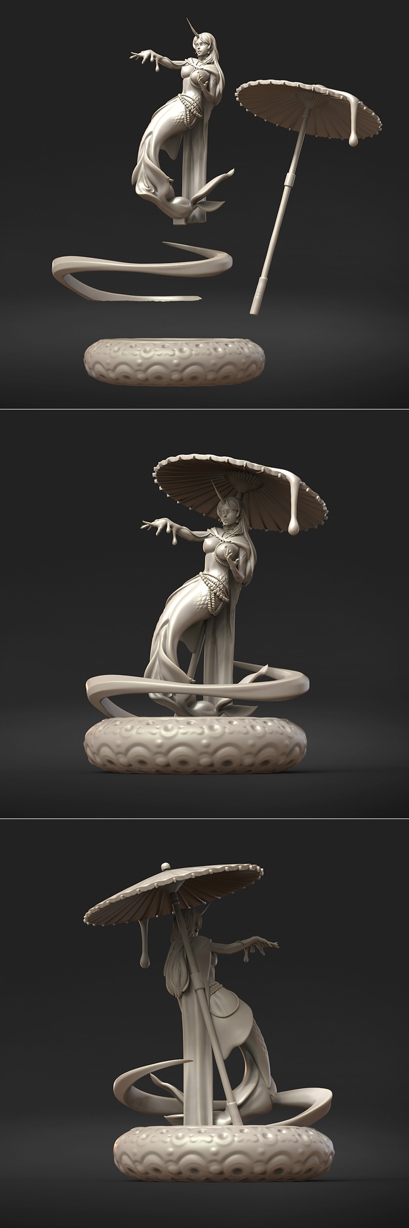 3D model of Naia, a fantasy character with a unicorn horn and serpentine lower body, adorned with beads and flowing f...