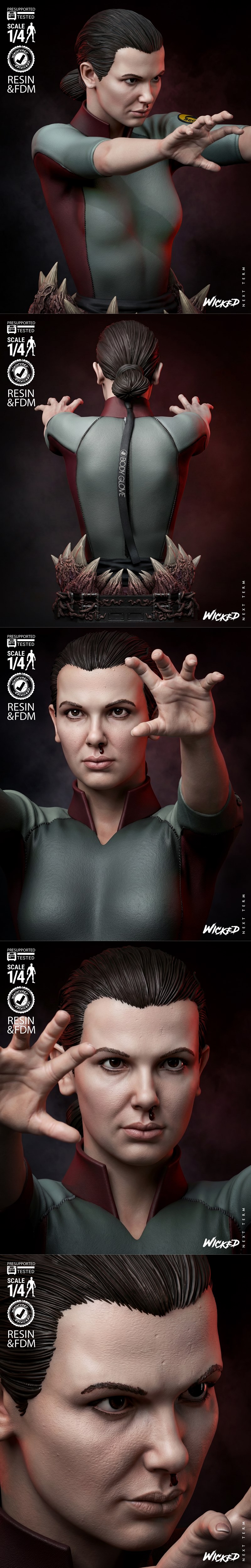 Bust of Eleven from Stranger Things, 1:4 scale, with outstretched hands and a nosebleed, on a base with sharp teeth a...