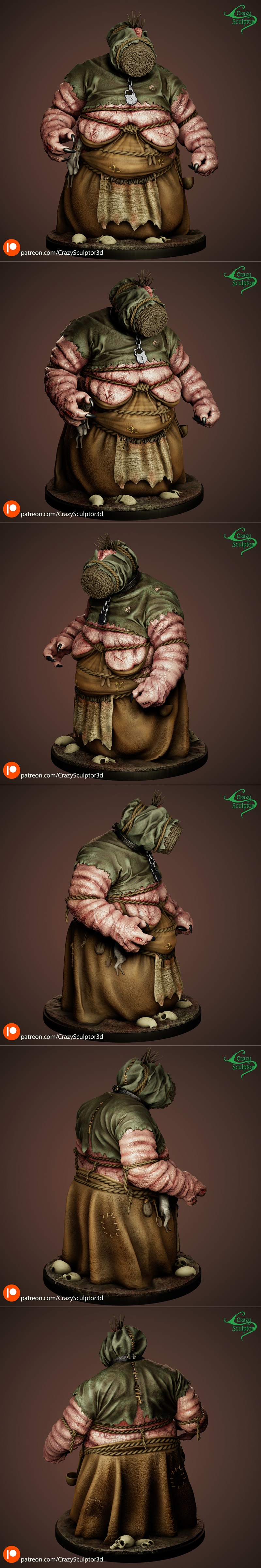 3D model of Brewess, a grotesque creature with a sack head, exposed belly, and tattered clothes, standing on a base....