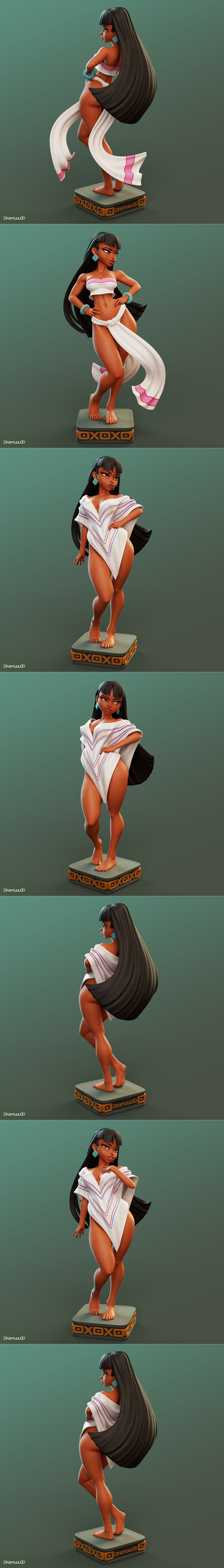 3D model of Chel from The Road to El Dorado, shown in three poses: side view, front view with hands on hips, and fron...