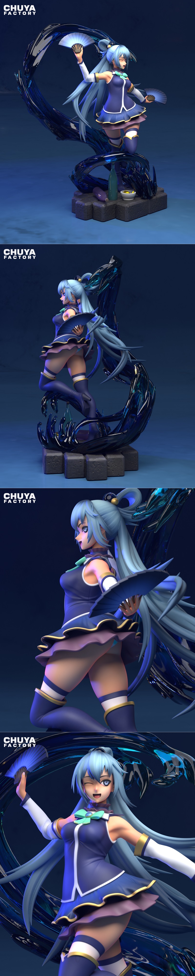 Aqua from KonoSuba striking a dynamic pose with a fan, surrounded by swirling blue water effects. She winks playfully...