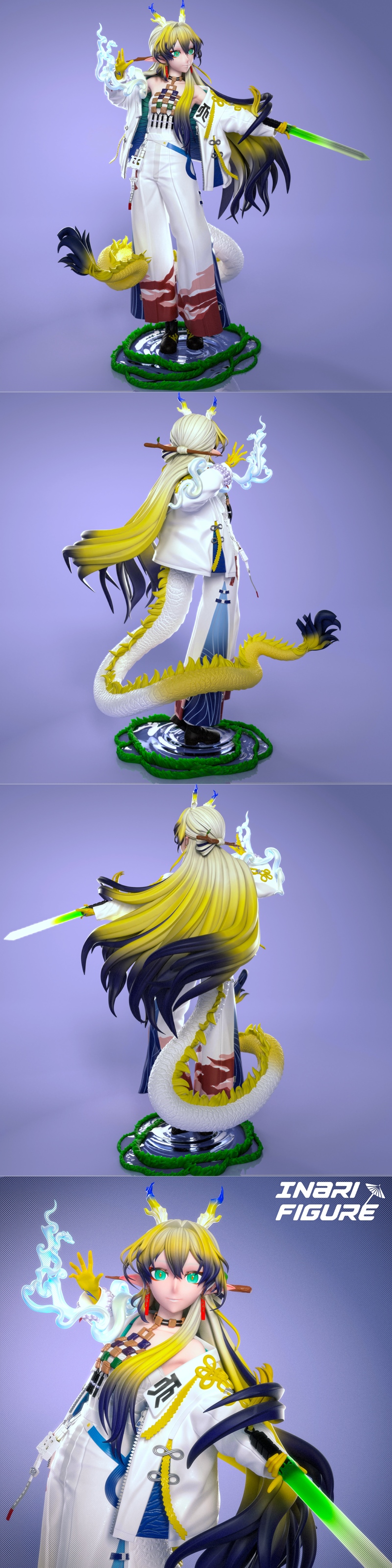 3D model figure of Arknights character Shu by Inari Figure, with yellow hair, green eyes, white robe, holding a glowi...