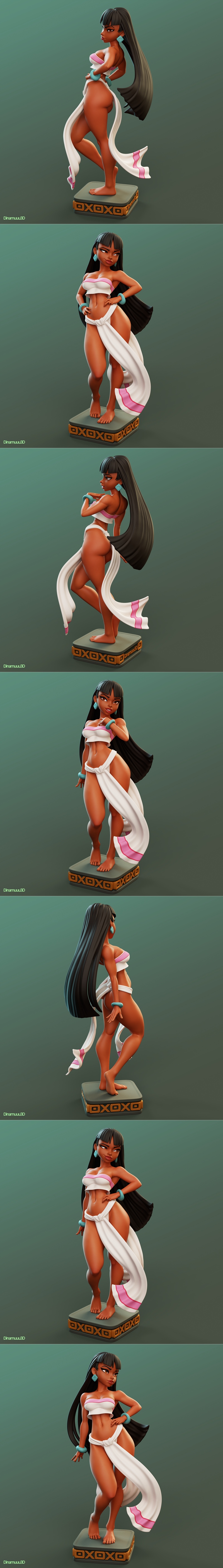 3D model of Chel from The Road to El Dorado, shown in three poses: side view, front view with hands on hips, and fron...
