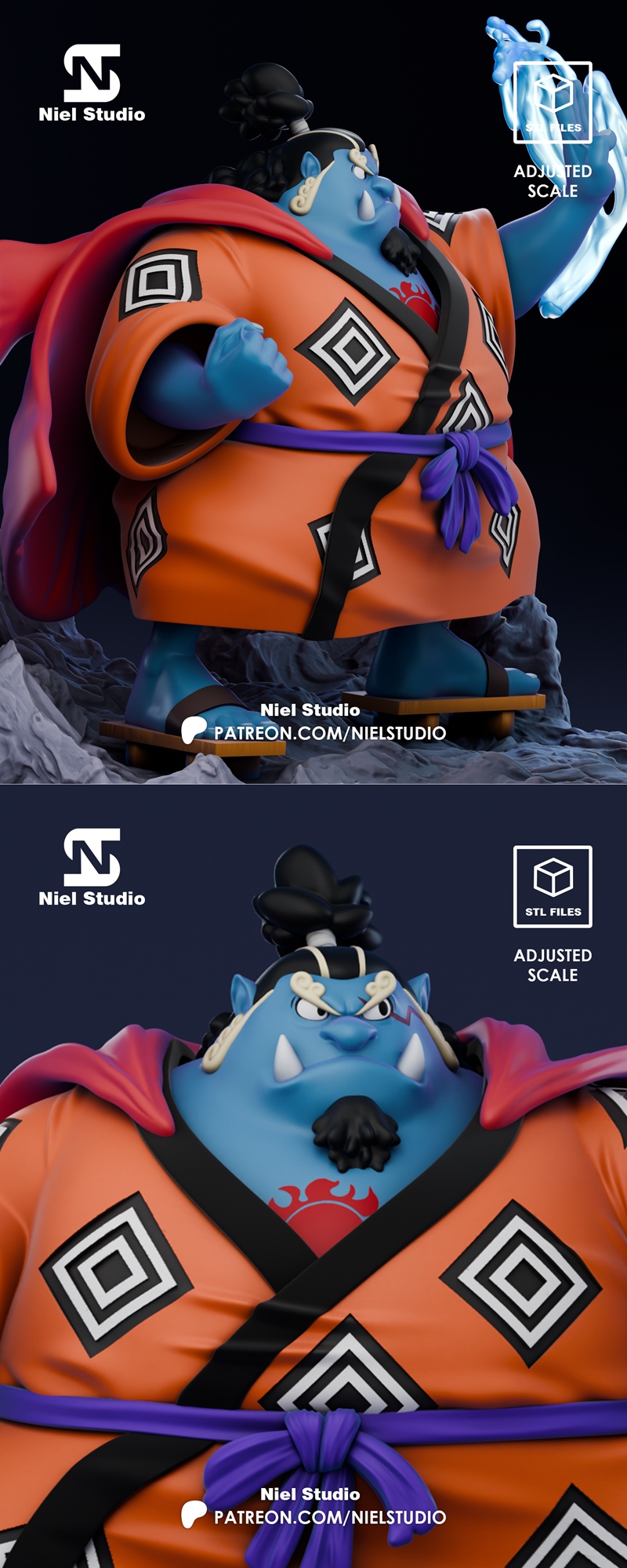 3D model of Jinbe from One Piece, a blue-skinned fish-man in an orange kimono, performing a water-based martial arts...
