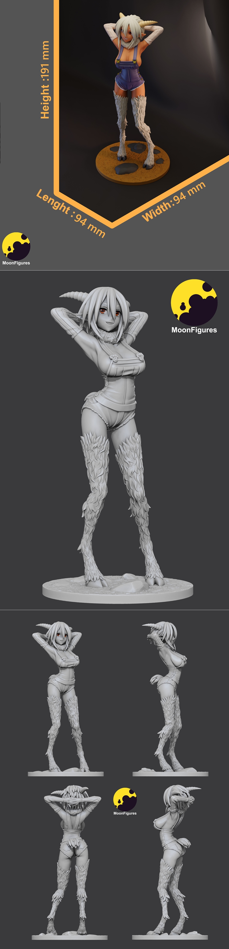 MoonFigures Saane 3D model: goat-girl character in short overalls and fluffy thigh-highs, hands behind head, standing...
