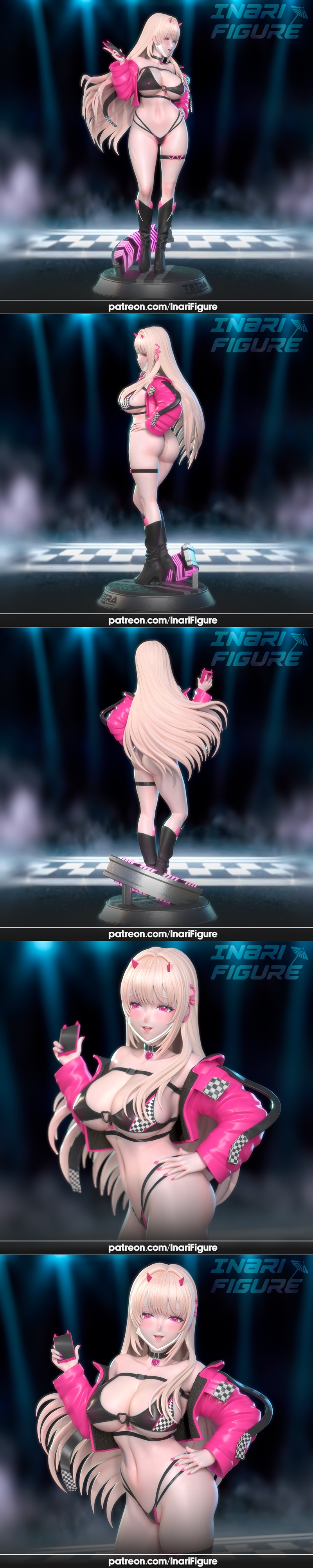 3D printable Viper figure by Inari Figure, wearing a pink jacket and checkered bikini, with optional bust view.